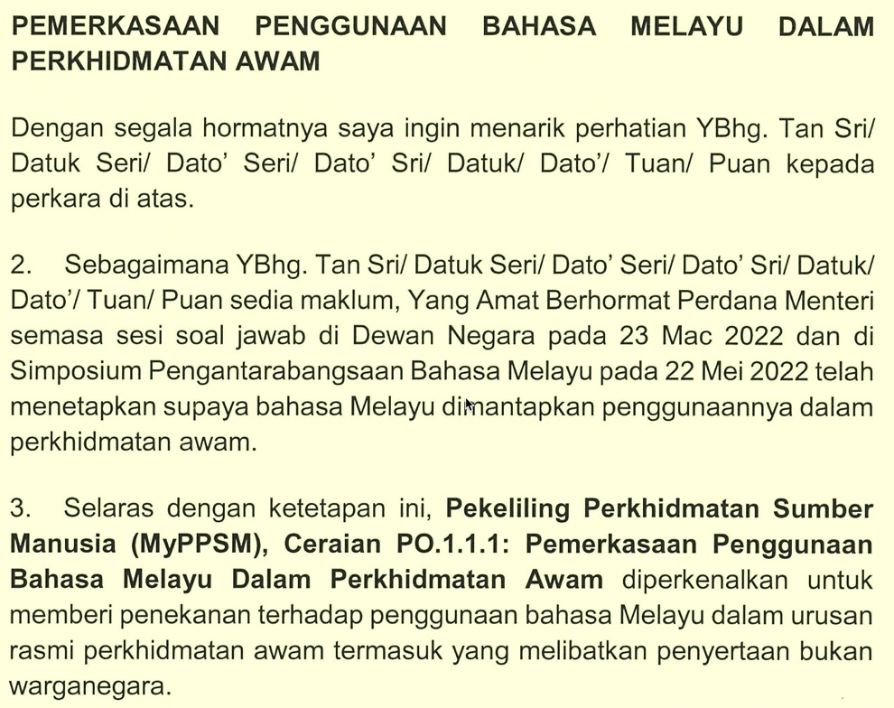 Surat Edaran JPA Pemerkasaan Penggunaan Bahasa Melayu Dalam Perkhidmatan Awam