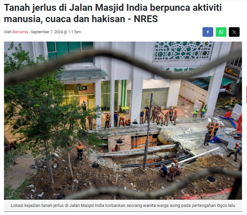 Tanah jerlus di Jalan Masjid India berpunca aktiviti manusia, cuaca dan hakisan - NRES