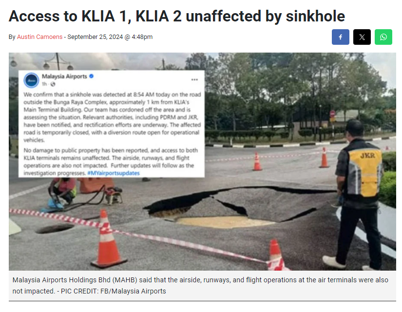 Access to KLIA 1, KLIA 2 unaffected by sinkhole