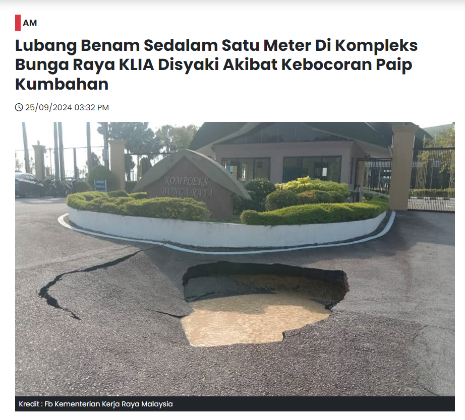 Lubang Benam Sedalam Satu Meter Di Kompleks Bunga Raya KLIA Disyaki AKibat Kebocoran Paip Kumbahan