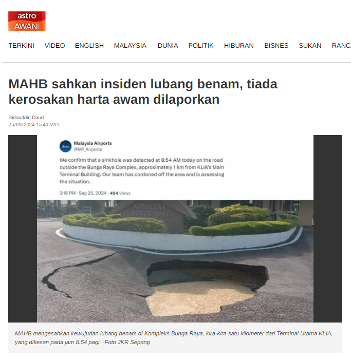 MAHB sahkan insiden lubang benam, tiada kerosakan harta awam dilaporkan