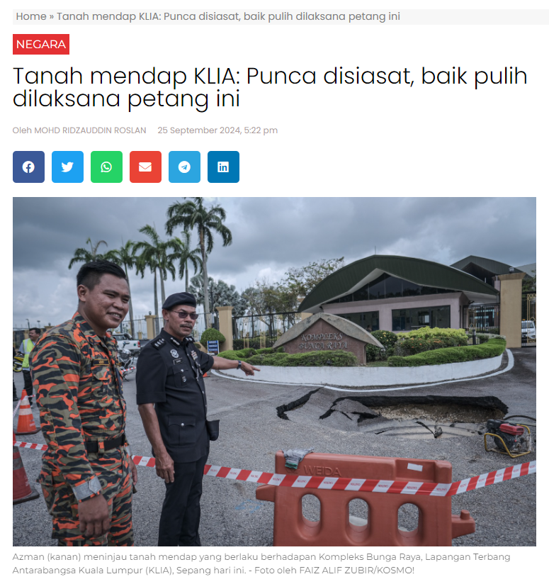 Tanah mendap KLIA: Punca disiasat, baik pulih dilaksana petang ini