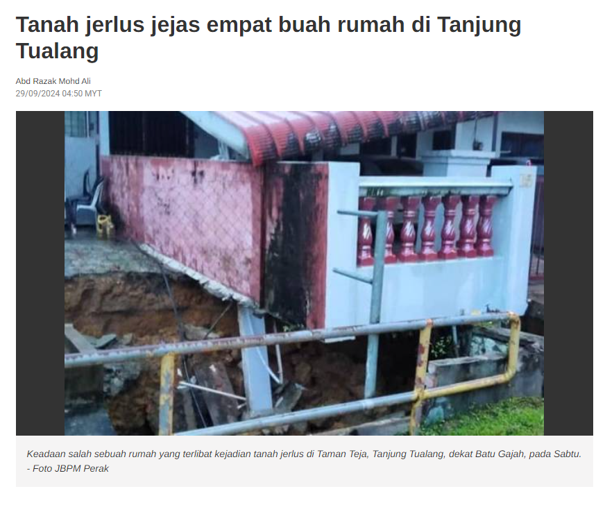 Tanah jerlus jejas empat buah rumah di Tanjung Tualang