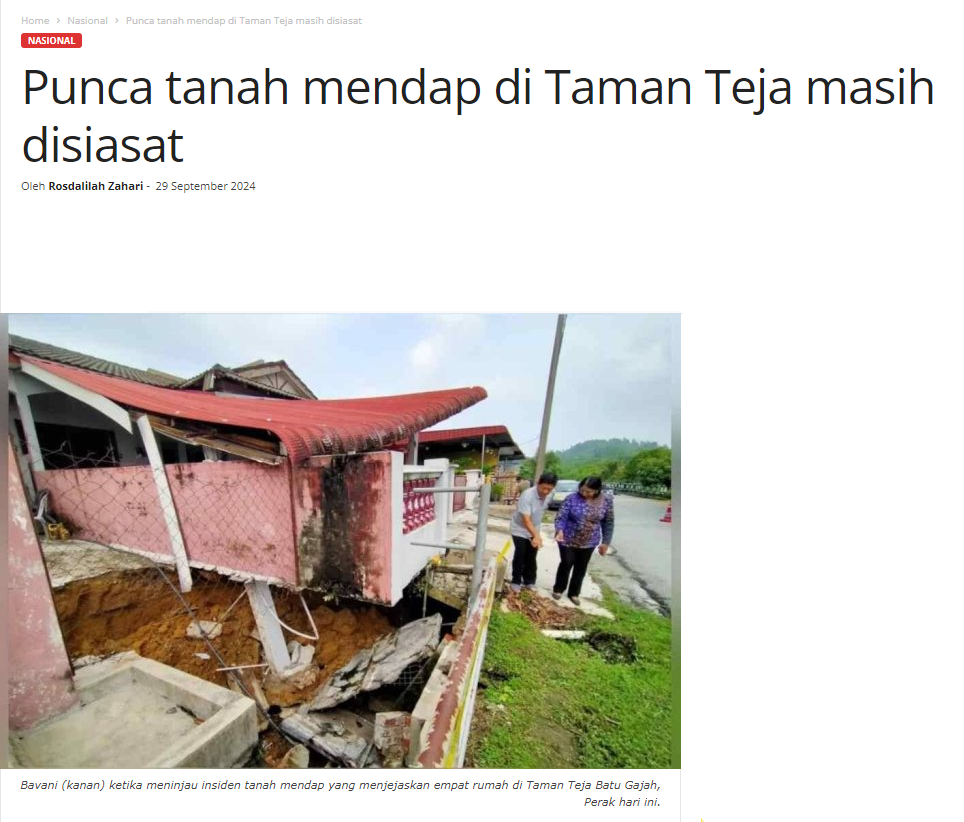 Punca tanah mendap di Taman Teja masih disiasat