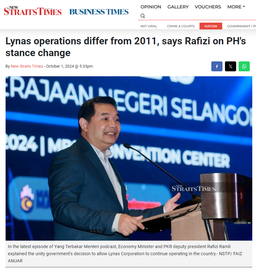 Lynas operations differ from 2011, says Rafizi on PH's stance change