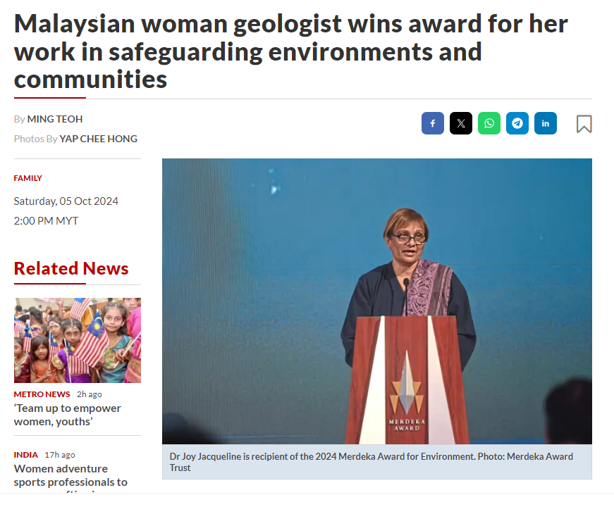 Malaysian woman geologist wins award for her work in safeguarding environments and communities