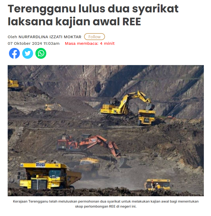 Terengganu lulus dua syarikat laksana kajian awal REE