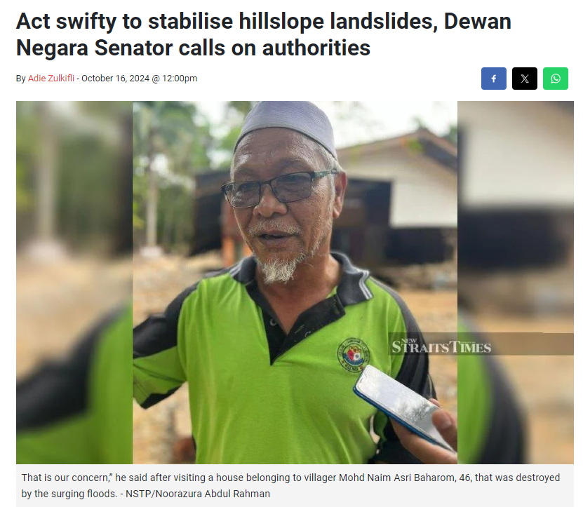 Act swifty to stabilise hillslope landslides, Dewan Negara Senator calls on authorities