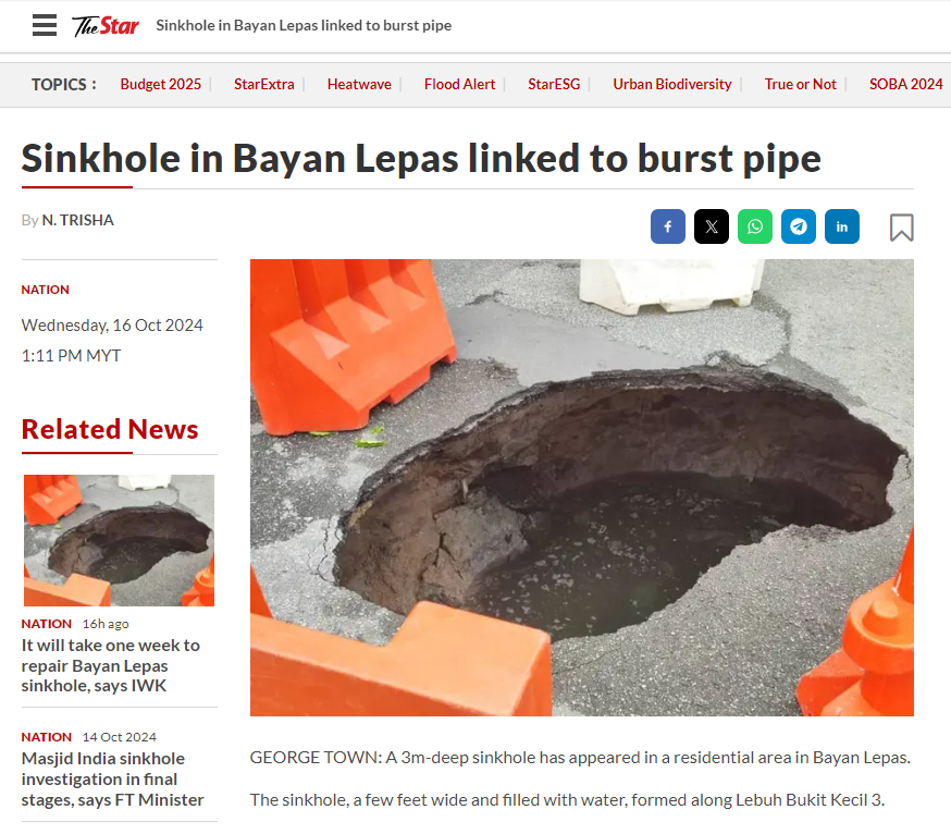 Sinkhole in Bayan Lepas linked to burst pipe