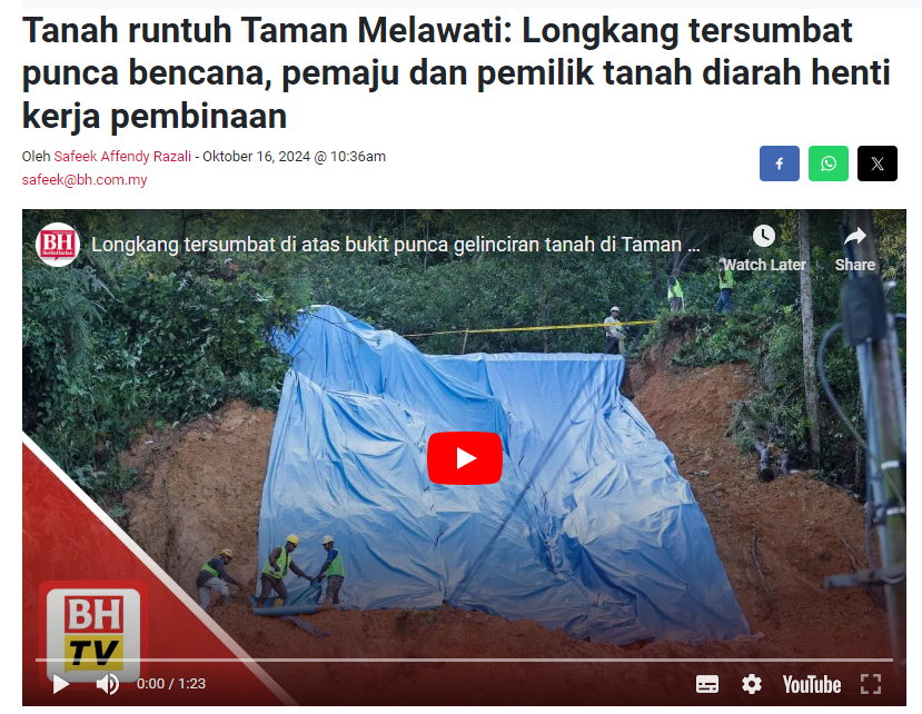 Tanah runtuh Taman Melawati: Longkang tersumbat punca bencana, pemaju dan pemilik tanah diarah henti kerja pembinaan