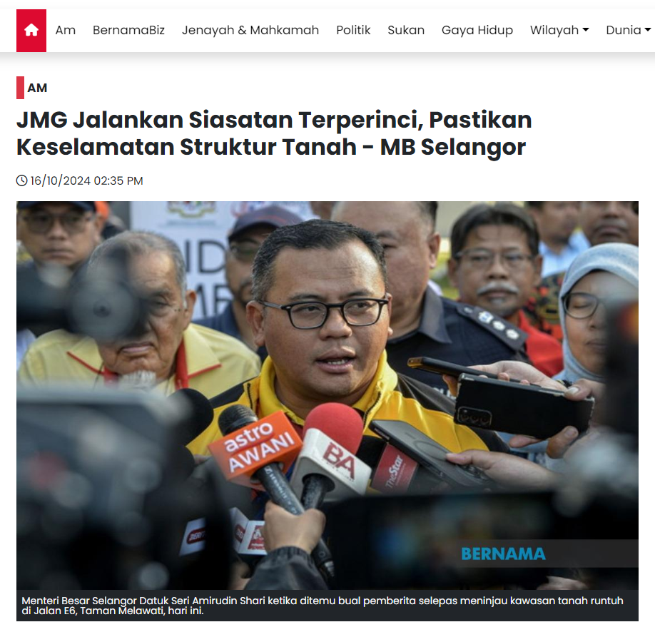 JMG Jalankan Siasatan Terperinci, Pastikan Keselamatan Struktur Tanah - MB Selangor