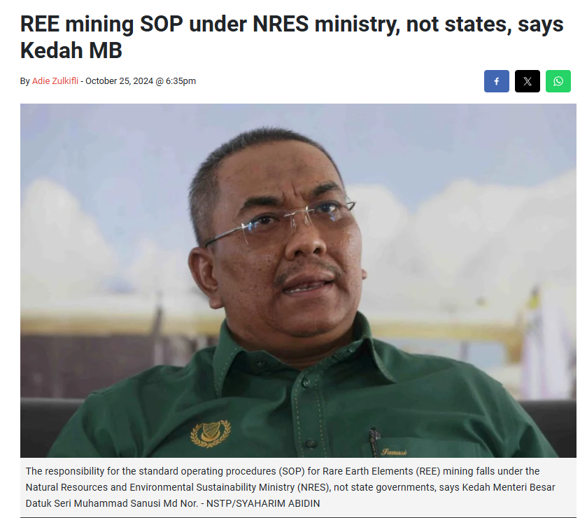 REE mining SOP under NRES ministry, not states, says Kedah MB