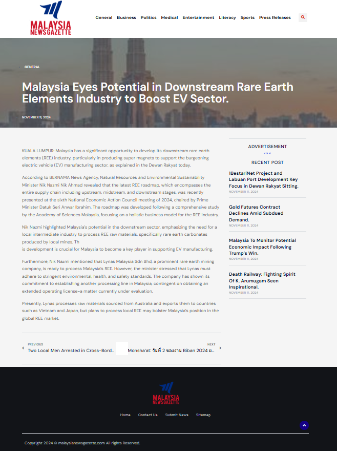 Malaysia Eyes Potential in Downstream Rare Earth Elements Industry to Boost EV Sector.