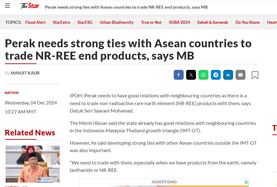 Perak needs strong ties with Asean countries to trade NR-REE end products, says MB