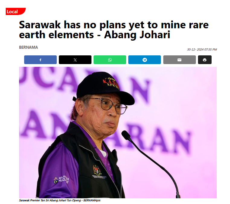 Sarawak has no plans yet to mine rare earth elements - Abang Johari