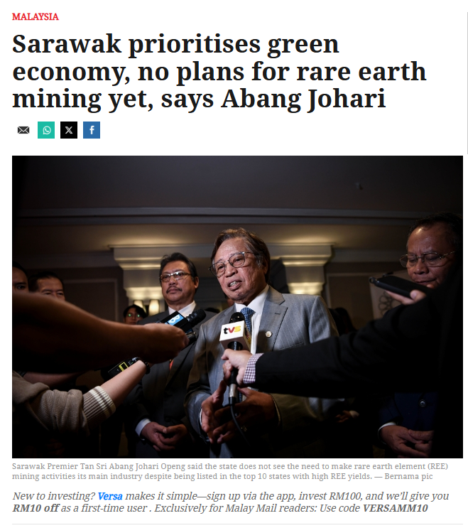 Sarawak prioritises green economy, no plans for rare earth mining yet, says Abang Johari