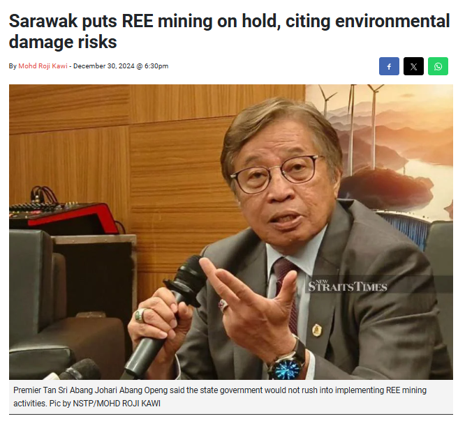 Sarawak puts REE mining on hold, citing environmental damage risks