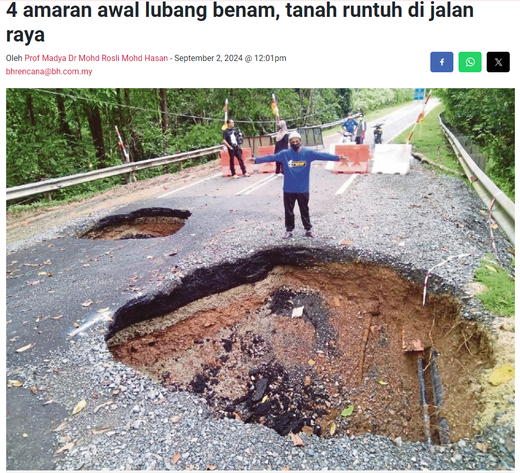 4 amaran awal lubang benam, tanah runtuh di jalan raya