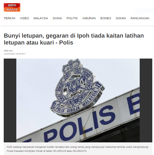 Bunyi letupan, gegaran di Ipoh tiada kaitan latihan letupan atau kuari - Polis