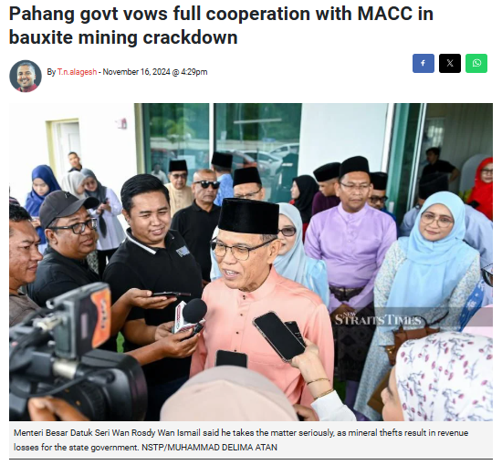 Pahang govt vows full cooperation with MACC in bauxite mining crackdown