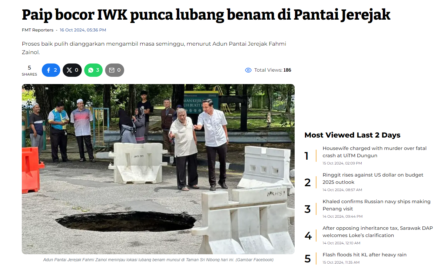 screencapture freemalaysiatoday category bahasa tempatan 2024 10 16 paip bocor iwk punca lubang benam di pantai jerejak 2024 10 17 11 13 40